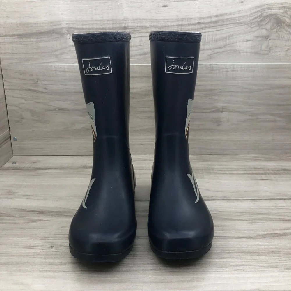 Joules Rain Boots Kids 2 Blue Rubber Slip On Shark Waterproof